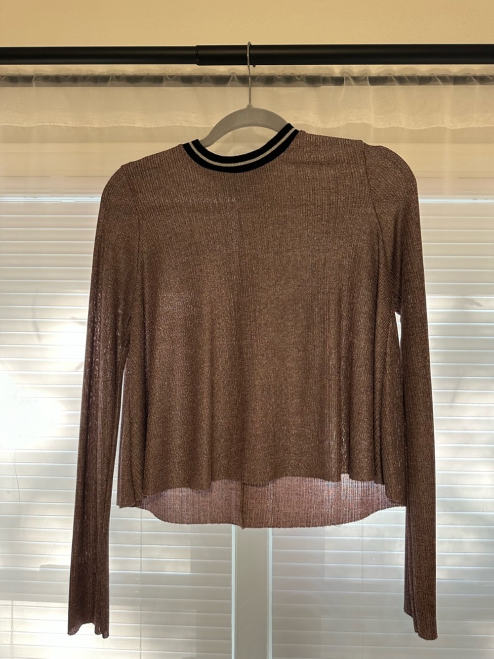 Luxe Metallic Taupe Long-Sleeve Knit Top with Black-Trim Collar